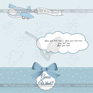 Baby boy announcement card with airplane - vector clip art