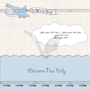 Baby boy announcement card with airplane - color vector clipart