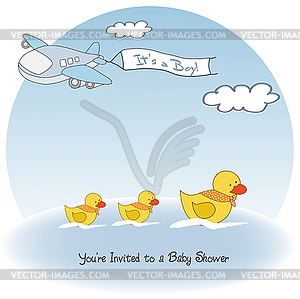 Baby boy announcement card with airplane - vector image