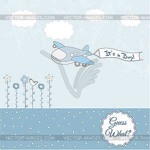 Baby boy announcement card with airplane - vector clip art