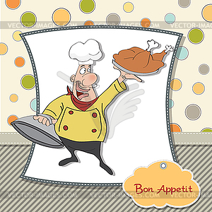 Funny cartoon chef with tray of food in hand - vector clip art
