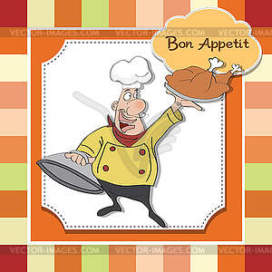 Funny cartoon chef with tray of food in hand - vector clip art