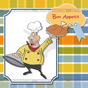 Funny cartoon chef with tray of food in hand - vector image