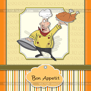 Funny cartoon chef with tray of food in hand - vector clip art