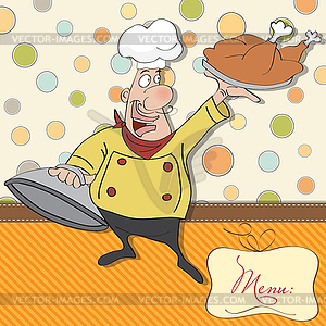 Funny cartoon chef with tray of food in hand - vector clipart