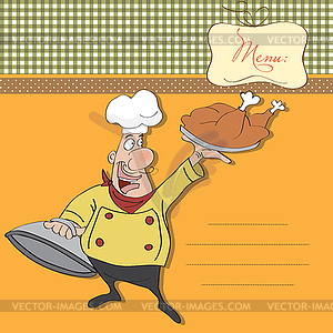 Funny cartoon chef with tray of food in hand - vector image