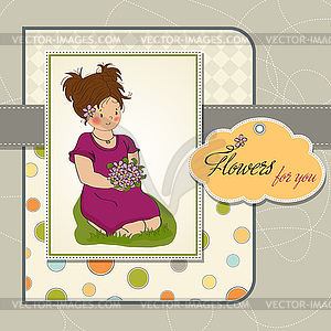 Young girl with bouquet of flowers - vector image