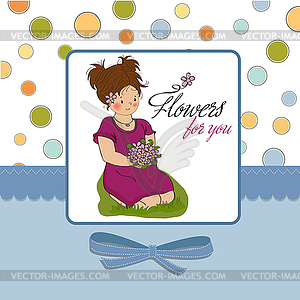 Young girl with bouquet of flowers - vector image