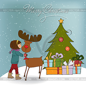 Christmas card with cute little girl caress reindeer - vector image