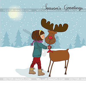 Christmas card with cute little girl caress reindeer - vector clipart