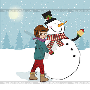 Cute little girl with snowman - royalty-free vector clipart