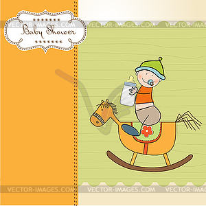 Baby boy shower shower with wood horse toy - vector image