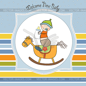 Baby boy shower shower with wood horse toy - vector image