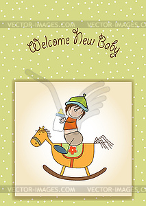 Baby boy shower shower with wood horse toy - color vector clipart