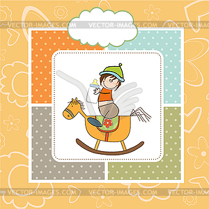 Baby boy shower shower with wood horse toy - vector image