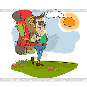 Tourist man traveling with backpack - color vector clipart