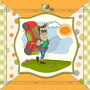 Tourist man traveling with backpack - vector image