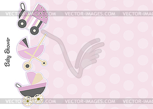 Baby shower announcement card with strollers - vector clipart