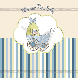 Baby boy shower card with stroller - color vector clipart