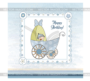 Baby boy announcement card with baby and pram - vector clipart / vector image