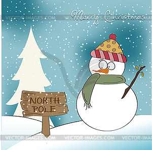 Christmas greeting card with funny snowman - vector image