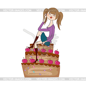Сексуальная молодая женщина, сидя на большой торт - изображение в векторном виде