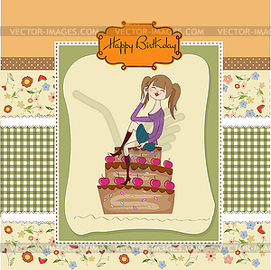 Sexy young woman sitting on big cake - vector clipart