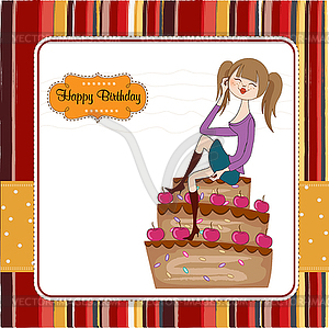 Sexy young woman sitting on big cake - stock vector clipart