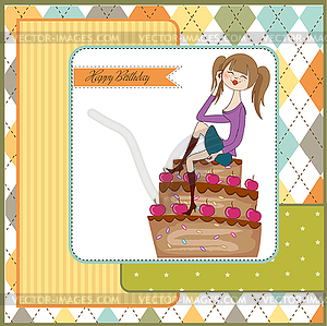 Sexy young woman sitting on big cake - vector clip art