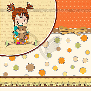 Little girl sitting with her teddy bear - vector image