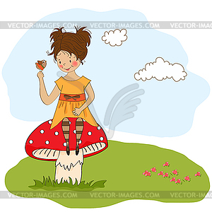 Pretty young girl sitting on mushroom - vector image