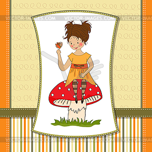 Pretty young girl sitting on mushroom - vector clipart