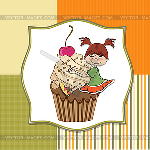 Birthday card with funny girl perched on cupcake - vector image