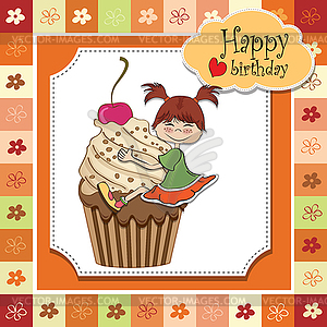 Birthday card with funny girl perched on cupcake - vector clipart