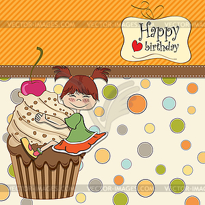 Birthday card with funny girl perched on cupcake - vector image