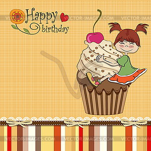 Birthday card with funny girl perched on cupcake - vector clipart