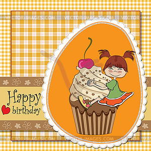 Birthday card with funny girl perched on cupcake - vector clipart / vector image