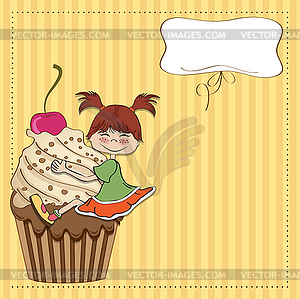 Birthday card with funny girl perched on cupcake - vector image