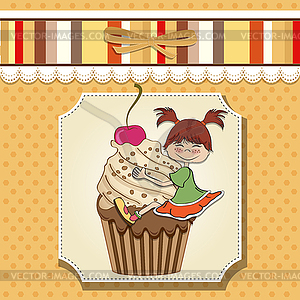 Birthday card with funny girl perched on cupcake - color vector clipart