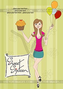 Sweet Sixteen Birthday card with young girl - vector image
