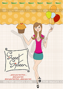 Sweet Sixteen Birthday card with young girl - vector image