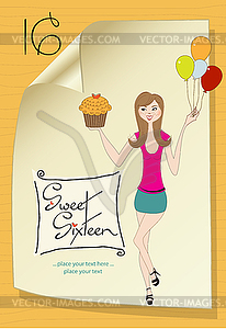 Sweet Sixteen Birthday card with young girl - vector clipart