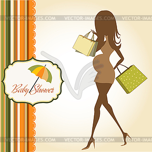 Baby announcement card with beautiful pregnant woman - vector image