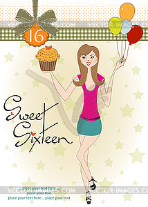 Sweet Sixteen Birthday card with young girl - vector image