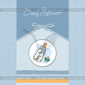 Baby announcement card with milk bottle and pacifier - vector EPS clipart