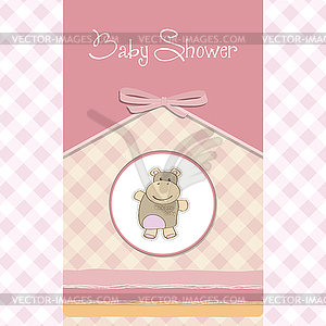 Childish baby shower card with hippo toy - vector image