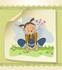 Romantic girl sitting barefoot in grass - vector image