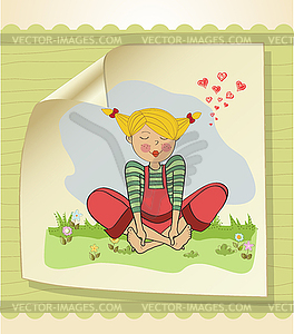 Romantic girl sitting barefoot in grass - vector EPS clipart