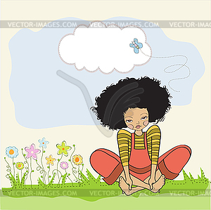 Romantic girl sitting barefoot in grass - vector image