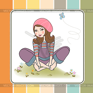 Romantic girl sitting barefoot in grass - vector clip art